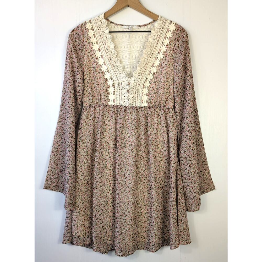 Miss Me Womens Dress S Boho Floral Lace Crochet Bell Sleeve Mini Festival Outfit